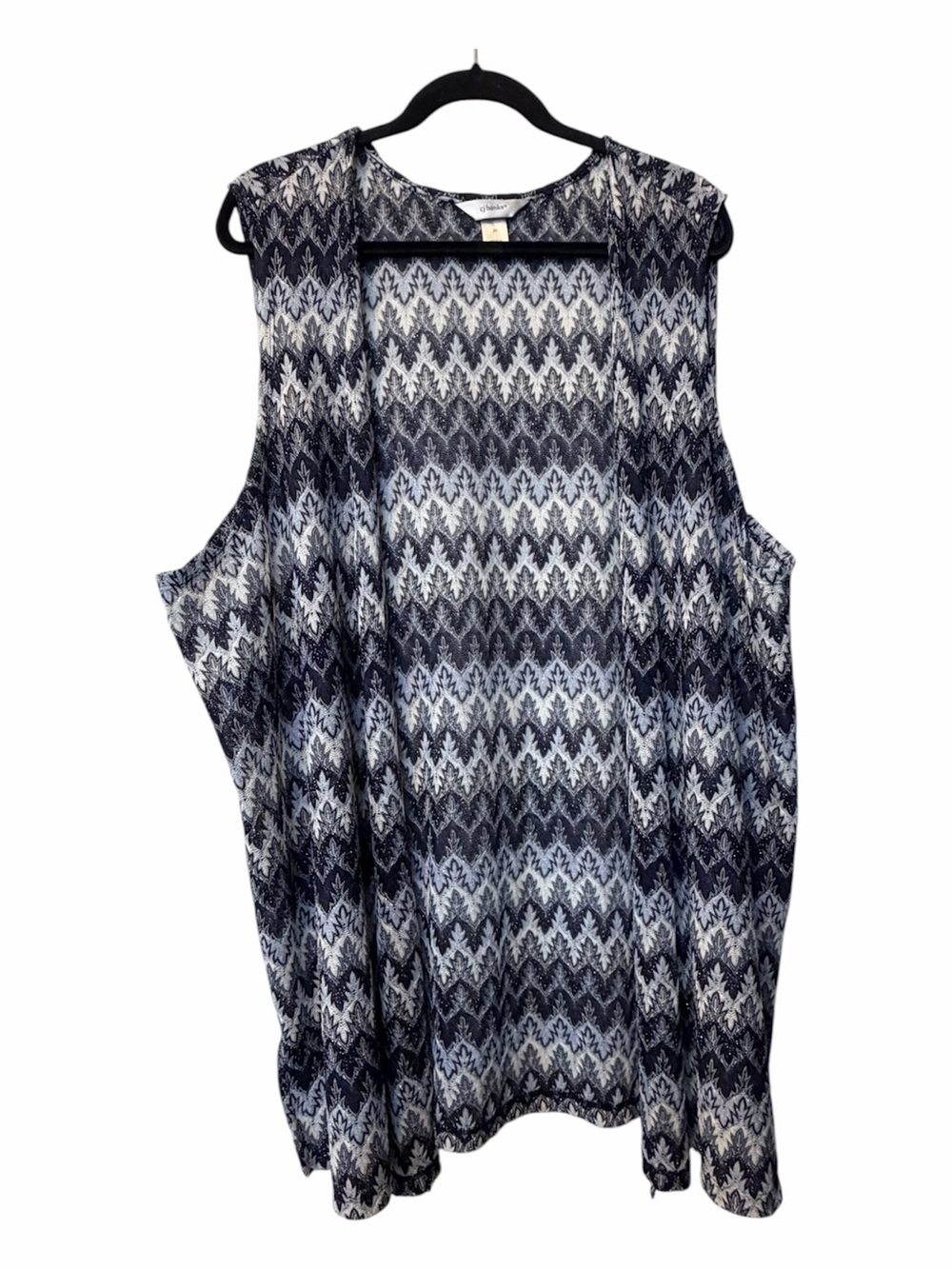CJ Banks 3X Sleeveless Open Front Cardigan in Navy and White Metallic Print